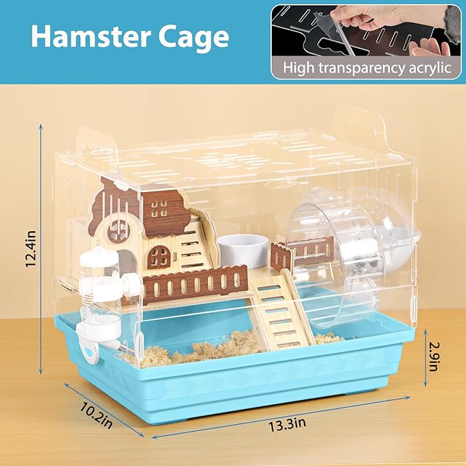 Hamster Cage Acrylic Hamster Habitats 360°Panoramic View Small Animal Cage for Rat Mice Dwarf Hamster, Gerbils, 13.3" L x 10.2" W x 12.4" H Hamster House with Water Bottle, Wheel, Hideout, Platform