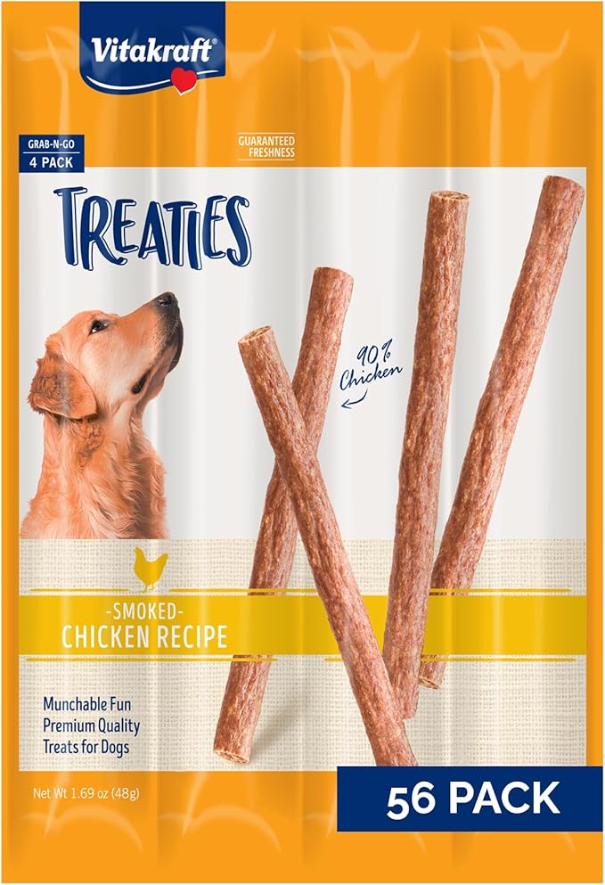 Vitakraft Treaties Dog Chew Treats - Made with 90% Chicken - Soft Jerky Treats - No Rawhide Chews - 56 Sticks (4 Count, Pack of 14)