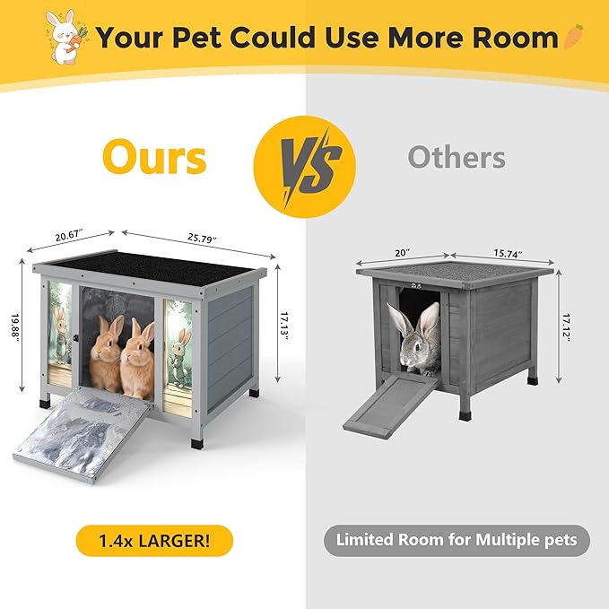 Coziwow 25" Insulated Cat House Bunny Hutch for Outdoor & Indoor Use - Solid Wood Rabbit Cage with Winter Warm Liner, Lightweight Weatherproof Shelter for Cats, Rabbits, Small Animals (Gray)