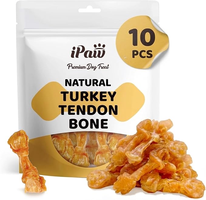 iPaw 10 Pcs Value Pack Turkey Tendon for Dogs, Single Protein, Hypoallergenic, All Natural Human Grade Puppy Chew, Rawhide Alternative, Bone Shape (Small)