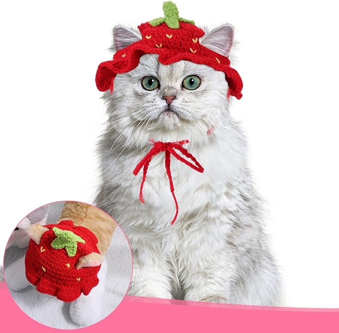 Strawberry Cat Hat, Handmade Knit Cute Soft Dog Cat Hat Halloween Christmas Party Costume Head Wear Accessories for Cats Birthday Puppy Hats for Kitten Small Pets (Red, M)