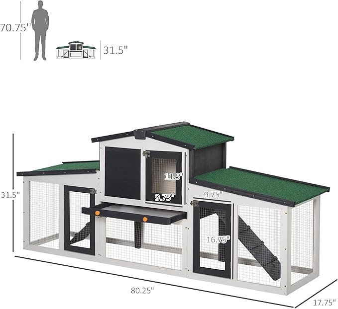 PawHut Large Rabbit Hutch with Double Runs, Wooden Guinea Pig Cage Outdoor, Bunny Cage with Removable Tray, Ramps, Roof, for Rabbits, Chickens, Ducks, 78" x 19" x 34", Gray