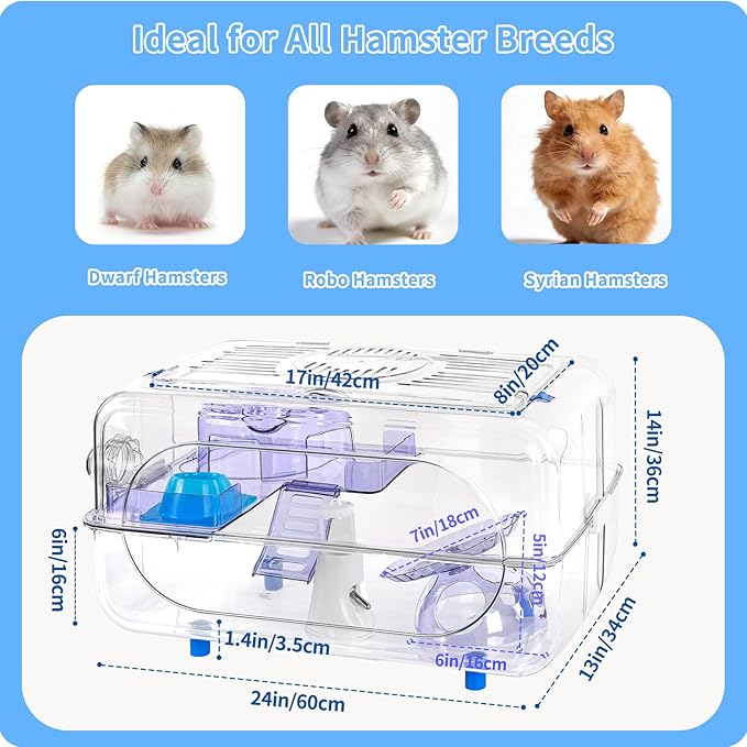 Large Hamster Cage Kit 24x13x14in for Syrian Hamster & Dwarf Hamster with 6″H Deepened Base, Large Platform, Exercise Wheel, 2 Hide-Houses, Water Bottle, Food Bowl, Ladder, Tube Port