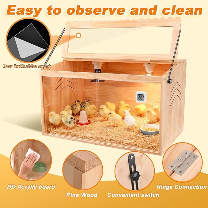 Chicken Brooder Box, Brooder Box for Chicks & Quail, Large Chicken Coop Quail Cage with Heat Lamp, Ideal for Chicks, Ducks, Quails, Hamsters and Lizards (23.6 x 16 x 16 in)