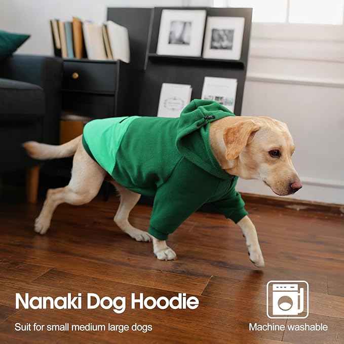 Nanaki Large Dog Hoodie with Pocket- Long Sleeves Fleece Sweater Adjustable Half-Zipperd Collar- Comfort Stretchy Dog Sweatshirt Hooded for Beagle, Warm Pullover Jacket Fall Winter Coat Green, L