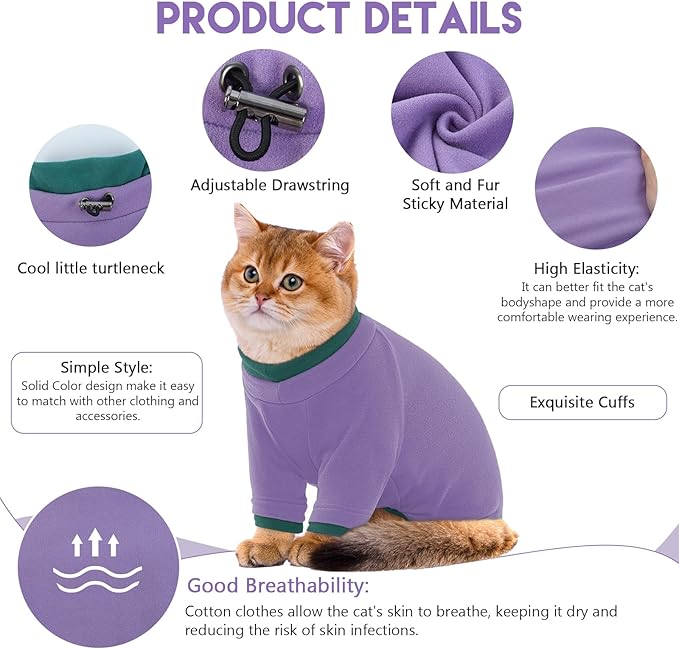 Sticky Cat Clothes Stretchy, Sphynx Hairless Sweater & Pajamas for Cats only, Soft Cat Onesie for Cats After Surgery Female Male & Hair Loss Prevention, Purple 2XL