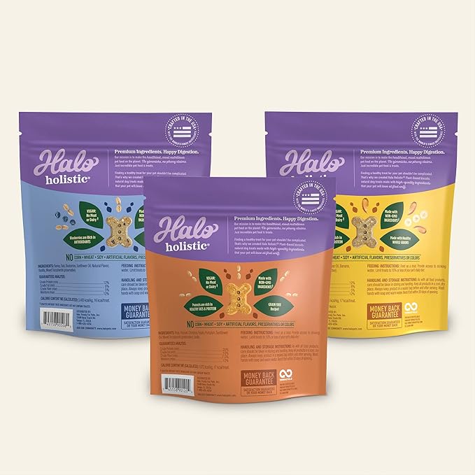 Halo Holistic Vegan Dog Treats Variety Pack, Plant-Based Three Bag Treat Pack with Oats & Blueberries, Peanut Butter & Banana, Peanuts & Pumpkin, 8 Oz Bag(Pack of 3)