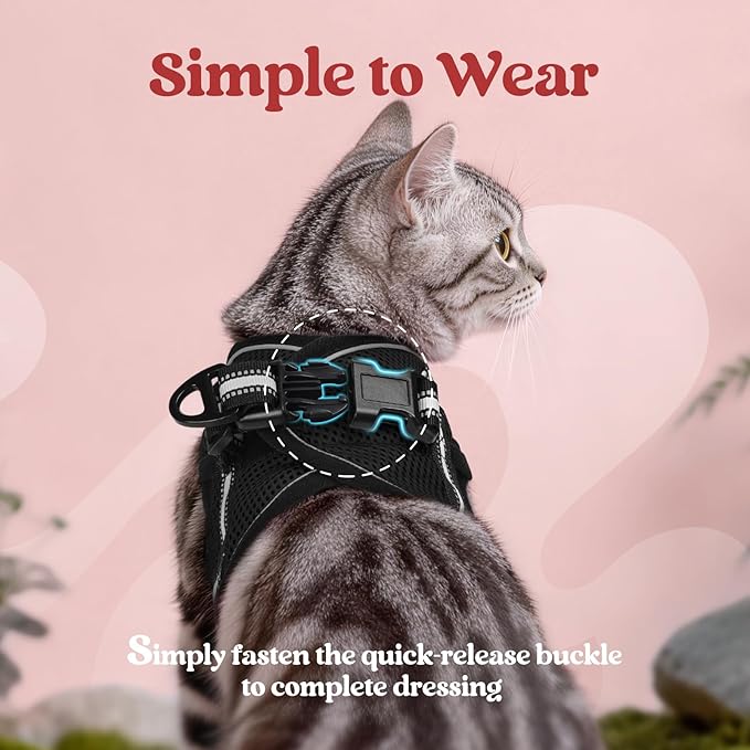 rabbitgoo Cat Harness and Leash Set for Walking Escape Proof, Adjustable Soft Kittens Vest with Reflective Strip for Cats, Comfortable Outdoor Vest, Black, M