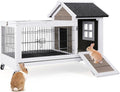 Rabbit Hutch Indoor Outdoor Weatherproof, Bunny Cage with Casters, Urine Guards, Leakproof Tray, Metal Feeder & Openable Roof, Easy Clean for Small Animals