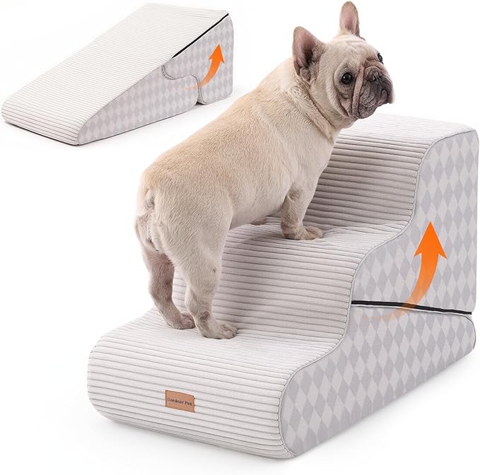 Gardner Pet Dog Stairs for Small Dogs 16.5" H, 2 in 1 Transformable 3-Step Pet Stairs and Ramp, Dog Steps for Couch Bed (13-20 in) Non-Slip Waterproof Cover and CertiPUR-US Certified Foam, Checked