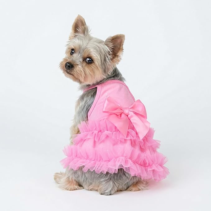 Fitwarm Sparkly Dog Tiered Dress, Fancy Dog Clothes for Small Dogs Girl, Bohemian Doggie Birthday Outfit, Pet Apparel, Pink, Medium