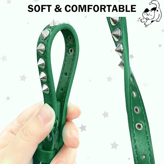 Leather Cat Collars for Boy Girl Cats with Bell and Safety Elastic Belt, Personalized Rivets Stud Adjustable Safe Buckle Collar with Skull Charm for Kitty Small Pets, Green