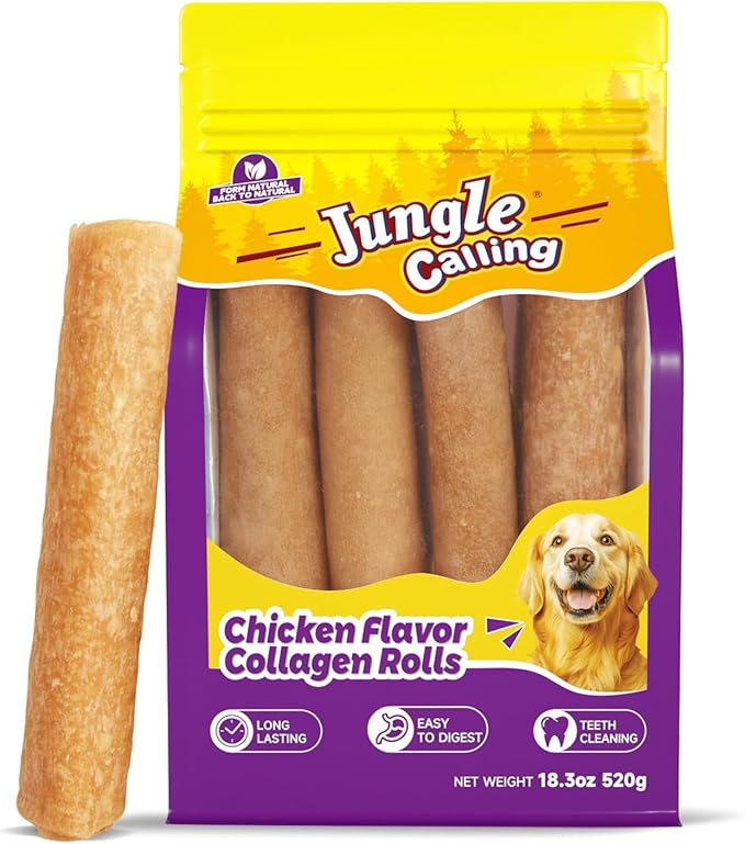 Jungle Calling 18.3 oz Collagen Rolls for Dogs, 7 Inch Long Lasting Dog Treats, Chicken Flavor Rawhide Alternative, Digestible Chew Bones for Medium and Large Dogs, 4 Count