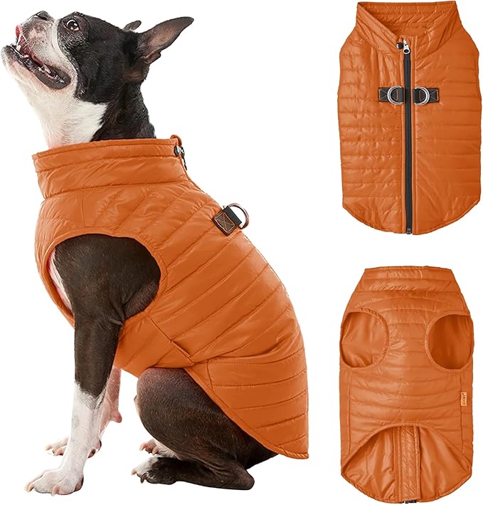 Gooby Puffer Vest - Pumpkin, Medium - Ultra Thin Zip Up Windbreaker with Dual D Ring Leash - Water Resistant Dog Sweater Coat for Small Dogs
