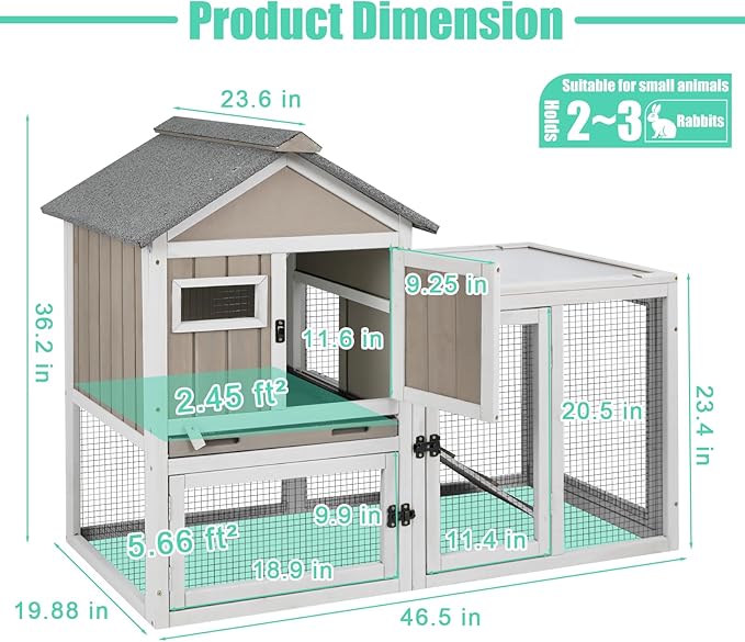 Gowoodhut 46.5" L Rabbit Hutch Indoor Outdoor Rabbit Cage with Run, Pull Out Tray, Asphalt Roof Large 2 Story Bunny Hutch Wooden Chicken Coop Guinea Pigs Pet House Cage for Small Animals,Grey