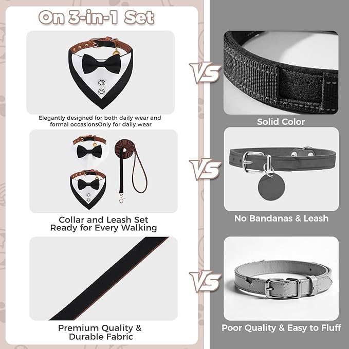 BINGPET Puppy Collar and Leash Set for Small Dogs, Dog Tuxedo Suit Wedding Bandana Collar with Bow Tie & Bell for Boy Dogs, Adjustable Formal Dog Tux Engagement Birthday Tuxedo, Black S