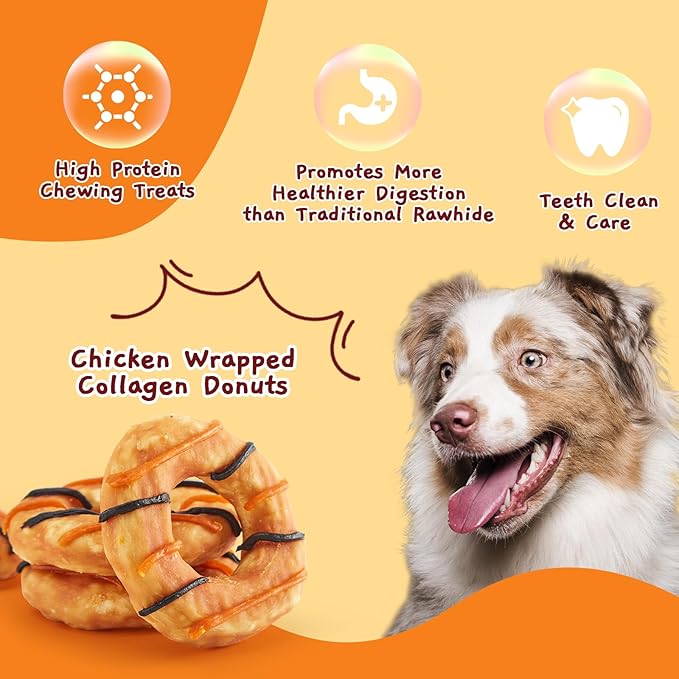 Jungle Calling Dog Treats, Long Lasting Collagen Chews for Dogs, Chicken Wrapped Collagen Donuts, High Protein Rawhide Alternative Chewy Snacks for Medium and Large Dogs (4 Count)