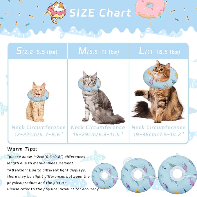 Seyezo Cat Cone Collar Soft, Kitten Spay Soft Cones to Stop Licking, Cat Neck Donut Pillow After Surgery, Kittens Protective Collar After Spay, Cute Recovery Cone for Cats (Blue Fish, Small)