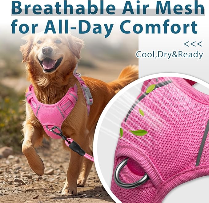 BARKBAY Dog Harness No Pull with ID Tag Pocket - Heavy Duty, Reflective, Easy Control for Large Dogs(Pink,XL)