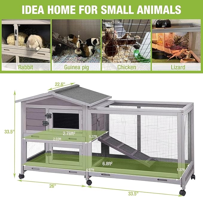 GUTINNEEN Large Rabbit Hutch Indoor Bunny Cage Outdoor with Chew-Proof Ramp 2-Story Mobile Guinea Pig Cages with 3 Pull-Out Trays