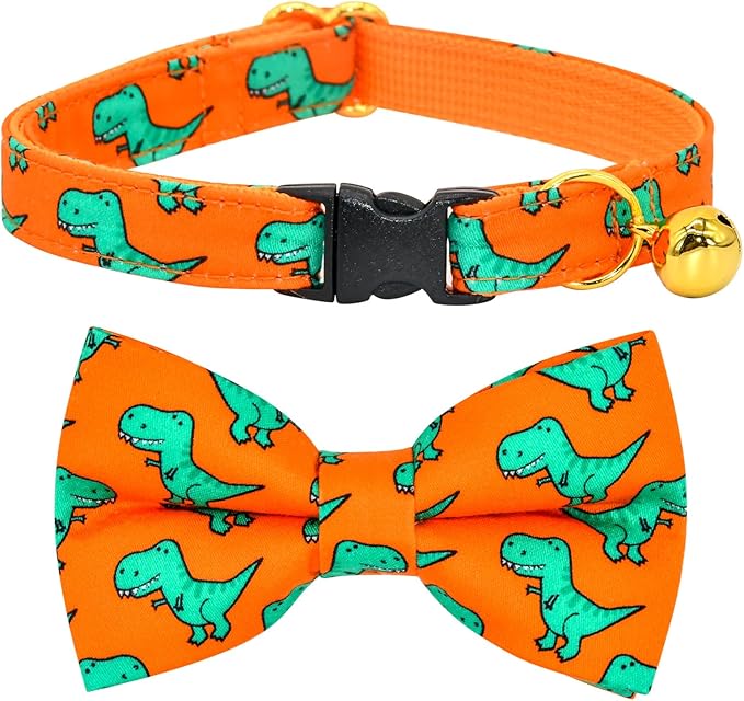 Breakaway Cat Collar Bowtie Bell, Orange Dinosaur T-rax, Wedding/Birthday Gift for Kitten
