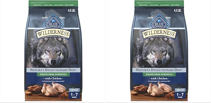 Blue Buffalo Wilderness Adult High-Protein Dry Dog Food with Real Chicken, Grain-Free, Made in The USA with Natural Ingredients, Chicken, 4.5-lb. Bag (Pack of 2)