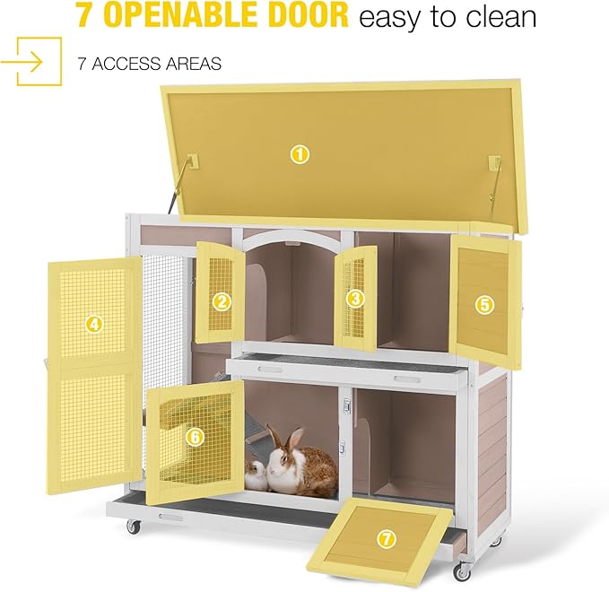 AIVITUVIN Rabbit Hutch Indoor Rabbit Cage Outdoor Two Story Bunny Cage Bunny Hutch Pull Out Tray Guinea Pig Cage on Wheel（Brown）