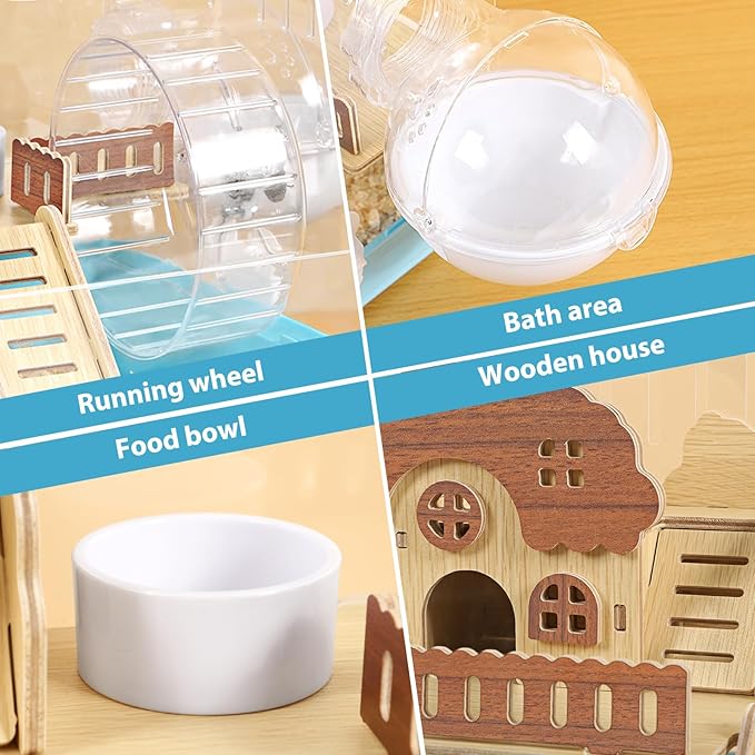 Hamster Cage Acrylic Hamster Habitats 360°Panoramic View Small Animal Cage for Rat Mice Dwarf Hamster, Gerbils, 13.3" L x 10.2" W x 12.4" H Hamster House with Water Bottle, Wheel, Hideout, Platform