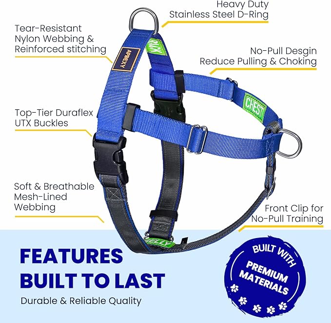 Freedom No Pull Dog Harness for Large Dogs, Easy Walker, Anti Pull with Two Stainless D-Rings, Comfortable, Sewn-in Instructions Tags for Easy Use (Blue, XL)