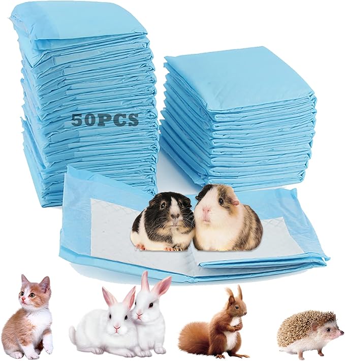 50 Pcs Pet Pads for Rabbits,22'' x17'' Small Animal Pads Disposable Rabbit Bedding Leak-Proof Super Absorbent Potty Training Guinea Pig Cage Liner for Bunny,Chinchilla,Puppy,Cat (Blue)