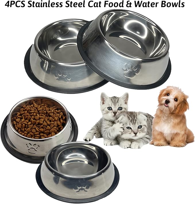 Fhiny 4Pcs Stainless Steel Dog Cat Bowl with Rubber Base Pet Food and Water Feeder Bowls Stackable Non-Slip Dish Plate for Small Medium Animals Puppy Kitten Rabbit