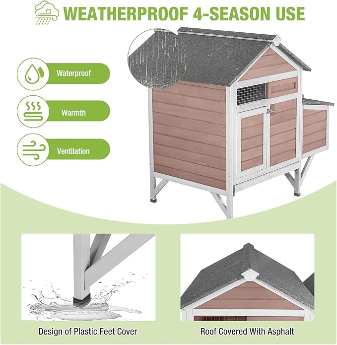GUTINNEEN Small Chicken Coop with Nesting Box for 2–3 Chickens, Outdoor Duck House Raised Rabbit Hutch with Weatherpoof Asphalt Roof, 2 Perches, Easy Clean Pull-Out Tray, 40.94" L(Brown)