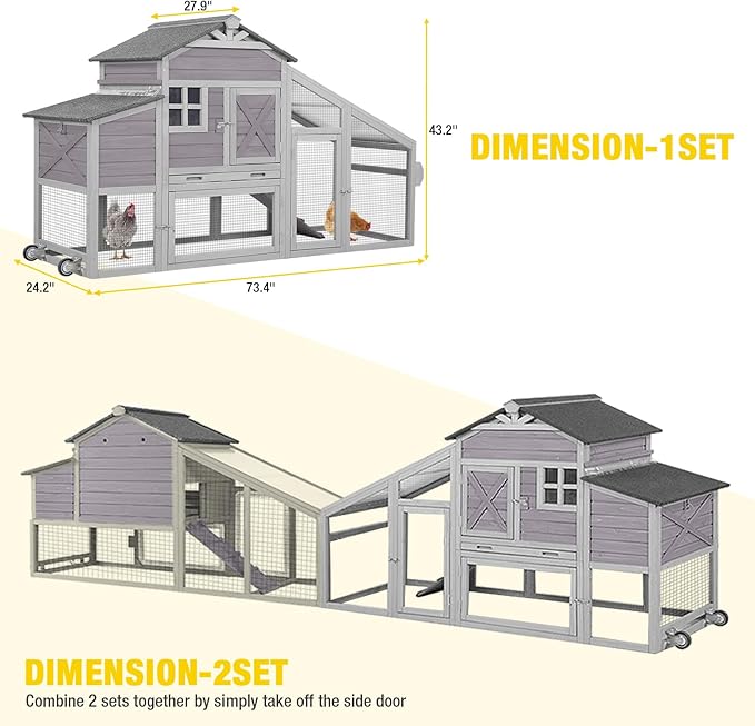 Chicken Coop Outdoor Wooden Poultry Cage with Waterproof Roof, Nesting Box, Pull Out Tray, Mobile Hen House for 2 4 Chickens, Large Chicken Tractor with Wheels (Grey)