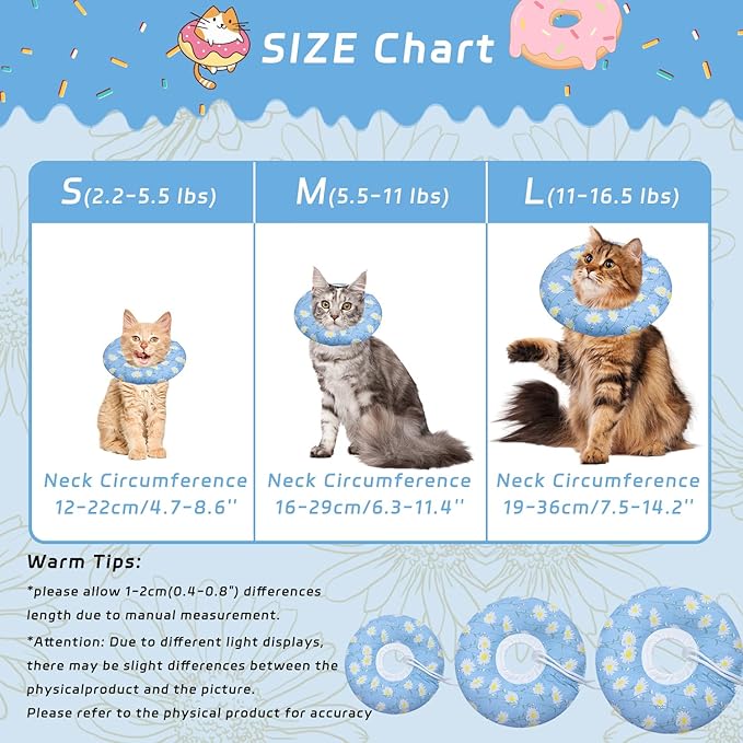 Seyezo Cat Cone Collar Soft, Adjustable Cat Recovery Collar Kitten Cones to Stop Licking, Cute Donut E Collar After Surgery, Anti-Lick Wound Healing Elizabethan Collar for Kitten (Blue Daisy, Small)