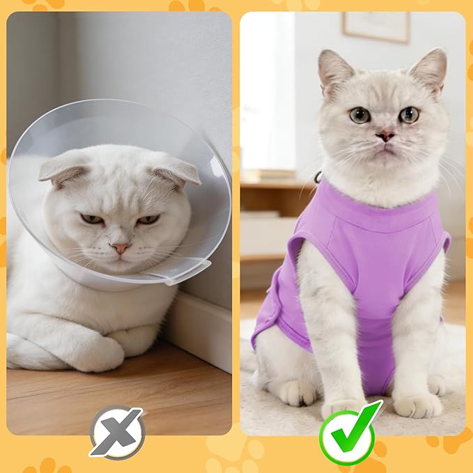 Gyuzh Cat Recovery Suit for Cats After Surgery - Breathable & Comzy Onesie with Adjustable Neck, Pull-On Design and Snap Closure, Cone Alternative for Spay Neuter, Anti-Licking Surgical Suit Purple L