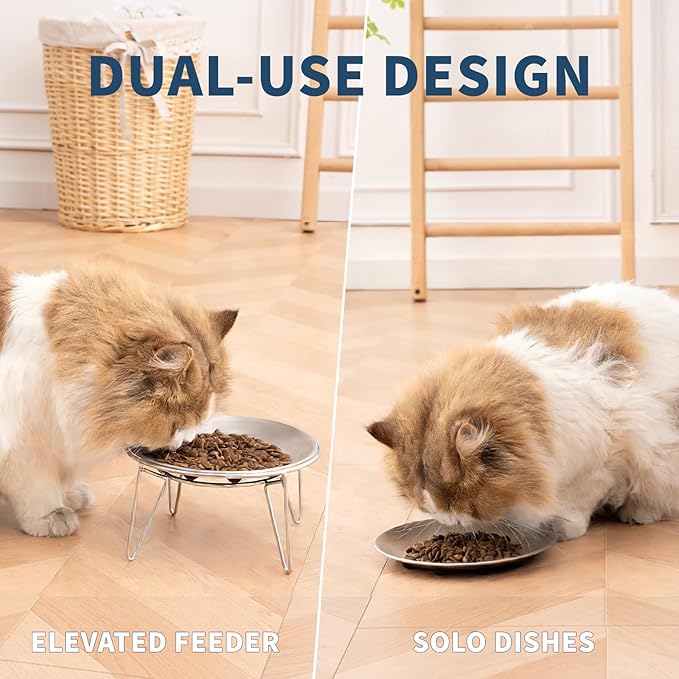 WROSWT Elevated Cat Bowls, Separable Dishes for Solo Use, 304 Stainless Steel Raised Cats Plates for Wet Food, Extra Wide Shallow Design for Whisker Relief, Non-Slip Silicone Base Kitten Feeder, 2 Set