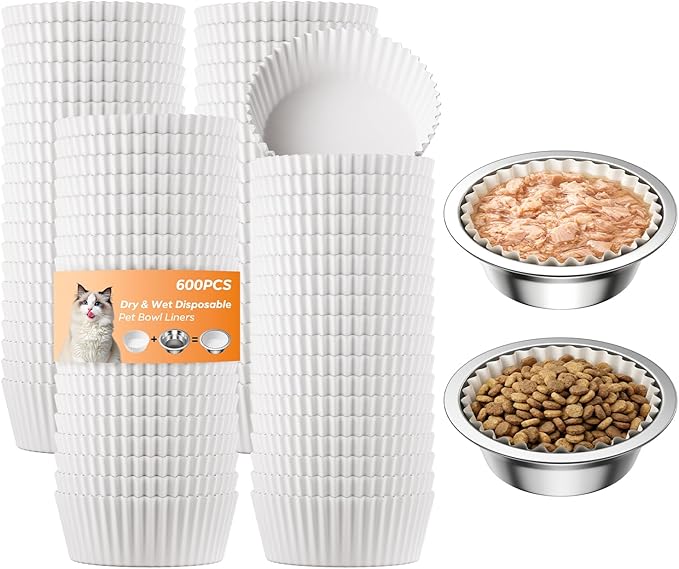 Disposable 600 Pcs Pet Food Bowl Liners Bulk, Small Paper Dish Liner for Small Cats Dogs, Round Feeding Station Inserts for Dry and Wet Food, Leak-Resistant Meal Mats, White, 4 x 1.2 Inch