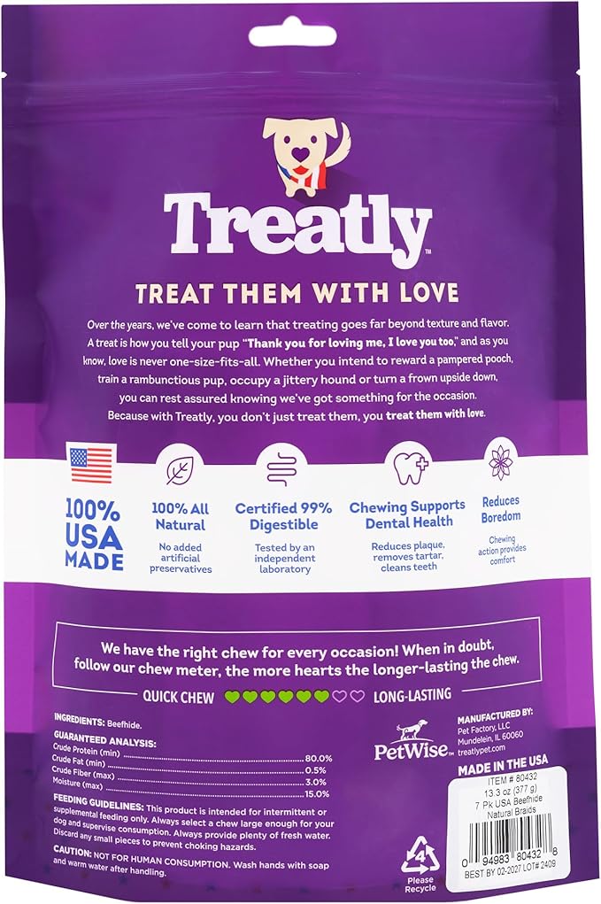USA Beefhide Braids 7-8" Dog Chew Treats - Natural Flavor, 7 Count/2 Pack