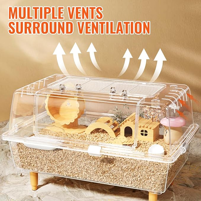 Doppy Acrylic Hamster Cage, 23.6x15x15.7 Clear Transparent Hamster Cage with 360° View & Dual Ventilation Doors, Chewproof Detachable Enclosure for Syrian Dwarf Gerbils Hedgehogs Indoor