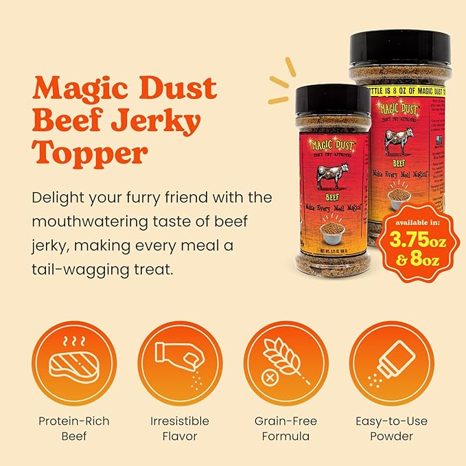 Wild Meadow Farms - Magic Dust Beef Jerky Topper, Single Protein Pet Food Topper for Dogs & Cats, Enhance Flavor & Elevate Mealtime Excitement for Picky Eaters - 8 Ounce Bottle in Beef Flavor
