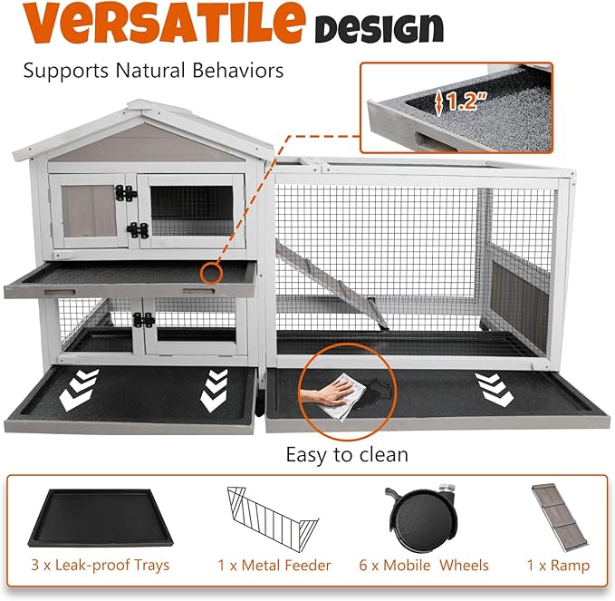 2-Story Rabbit Hutch Outdoor with Wheels, Weatherproof Indoor Bunny Cage with Anti-Chew Metal Frame Ramp, 3 Pull-Out No-Leak Trays, Waterproof Roof, Small Animals Cage
