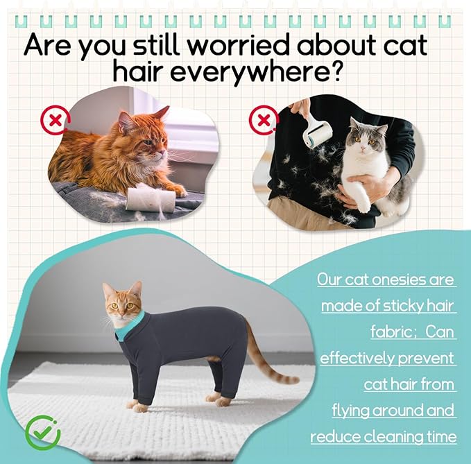 T'CHAQUE Sticky Hair Cat Onesie - Soft Long Sleeve Cat Pajamas, Anti-Shedding,Surgery Recovery Suit, Wound Protection & Preventing Licking, Kitten Sweaters for Male Female, DarkGray-2XL