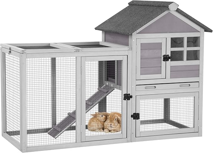Rabbit Hutch Indoor or Outdoor, Wooden Bunny Cage with Chew-Proof Ramp, Mobile Rabbit House with Wheels, Guinea Pig Cages with Leakproof Tray and Waterproof Roof (Grey)