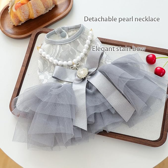 ANIAC Gray Dog Dress for Small Dogs Female,Bow Knot Girl Puppy Clothes with Detachable Pearl Necklace, Elegant Cat Dress, Formal Pet Pary Outfit for Wedding Birthday Valentines (Gray, Small)
