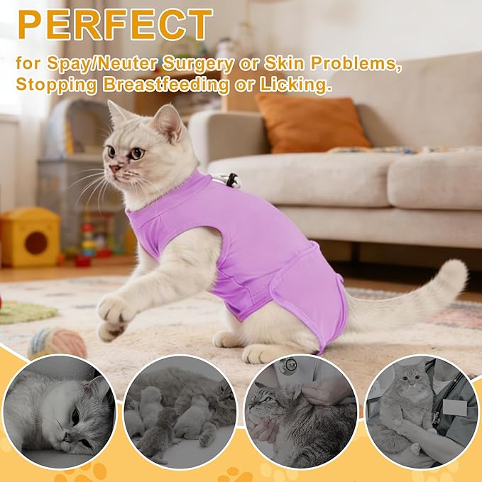 Gyuzh Cat Recovery Suit for Cats After Surgery - Breathable & Comzy Onesie with Adjustable Neck, Pull-On Design and Snap Closure, Cone Alternative for Spay Neuter, Anti-Licking Surgical Suit Purple L