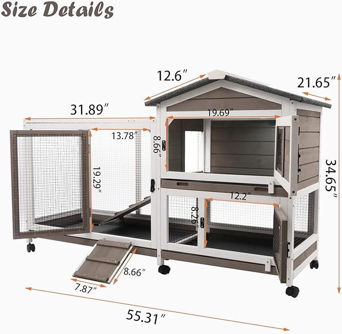 Gowoodhut Rabbit Hutch Indoor Outdoor 2 Story Bunny Cage with 3 No Leak Trays,55.31" L Guinea Pig Cages Rabbit Cage with 6 Wheels for Guinea Pig,Rabbit for Rabbit Lover|Pet Lover(White/Grey)