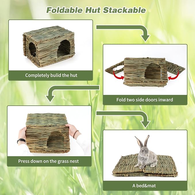 BWOGUE 2 Pack Grass Bunny House Natural Hand Woven Seagrass Hideaway Toy Hay Mat Chew Hut for Bunny Hamster Chinchilla Guinea Pigs Small Animals