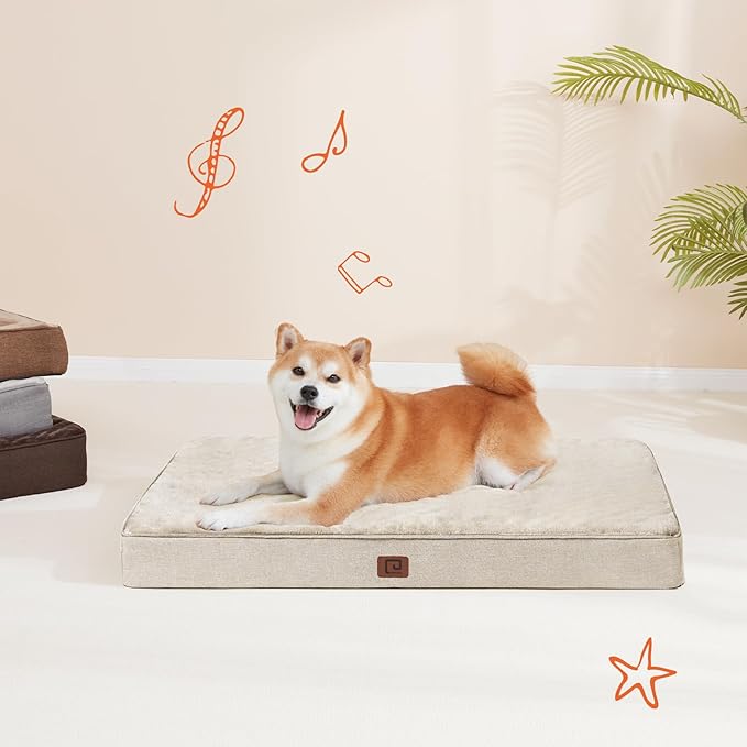EHEYCIGA Waterproof Dog Bed Memory Foam 36x27, Orthopedic Dog Beds Mat for Large Dogs with Removable Cover, Beige