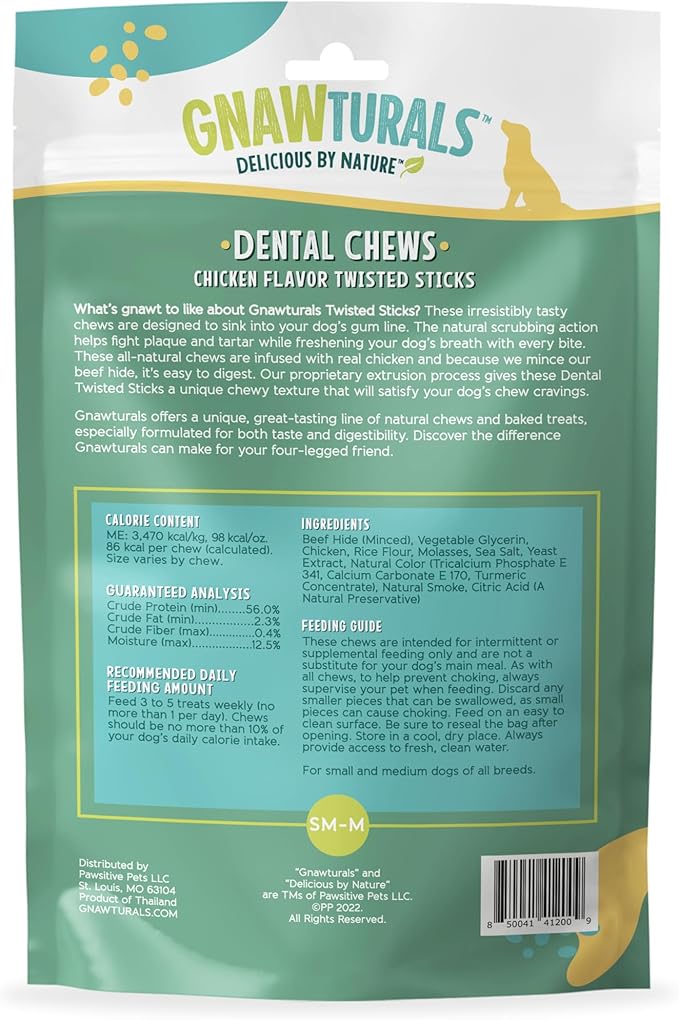 Dental Chews Twisted Sticks | for Medium and Large Dogs | USA Sourced Beef-Hide | Natural Scrubbing Action Fights Plaque and Tartar Refreshing Your Dog's Breath (5 Sticks, Chicken)