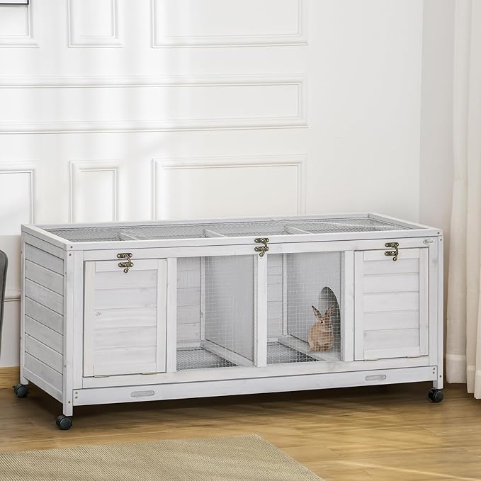 PawHut Wooden Rabbit Hutch, Bunny Cage with Wheels, Dividers, Openable Roof, Removable Trays, Small Animal Cages for 1-2 Rabbits, Indoor Outdoor Use, Light Gray